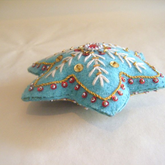 Blue Embroidered Fabric Star Snowflake Ornament - Picture 3 of 5